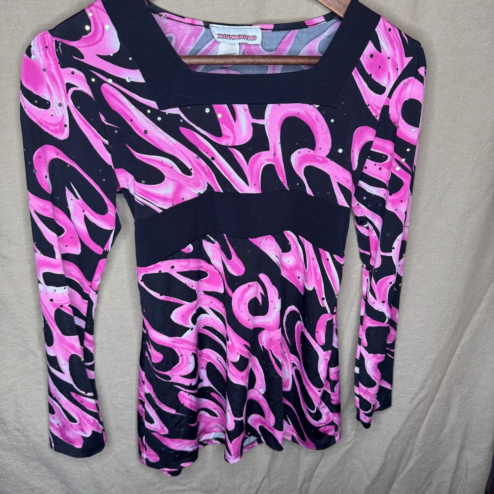 Missunderstood Pink Black Abstract Swirl Sequin Top Y2K Square Neck READ